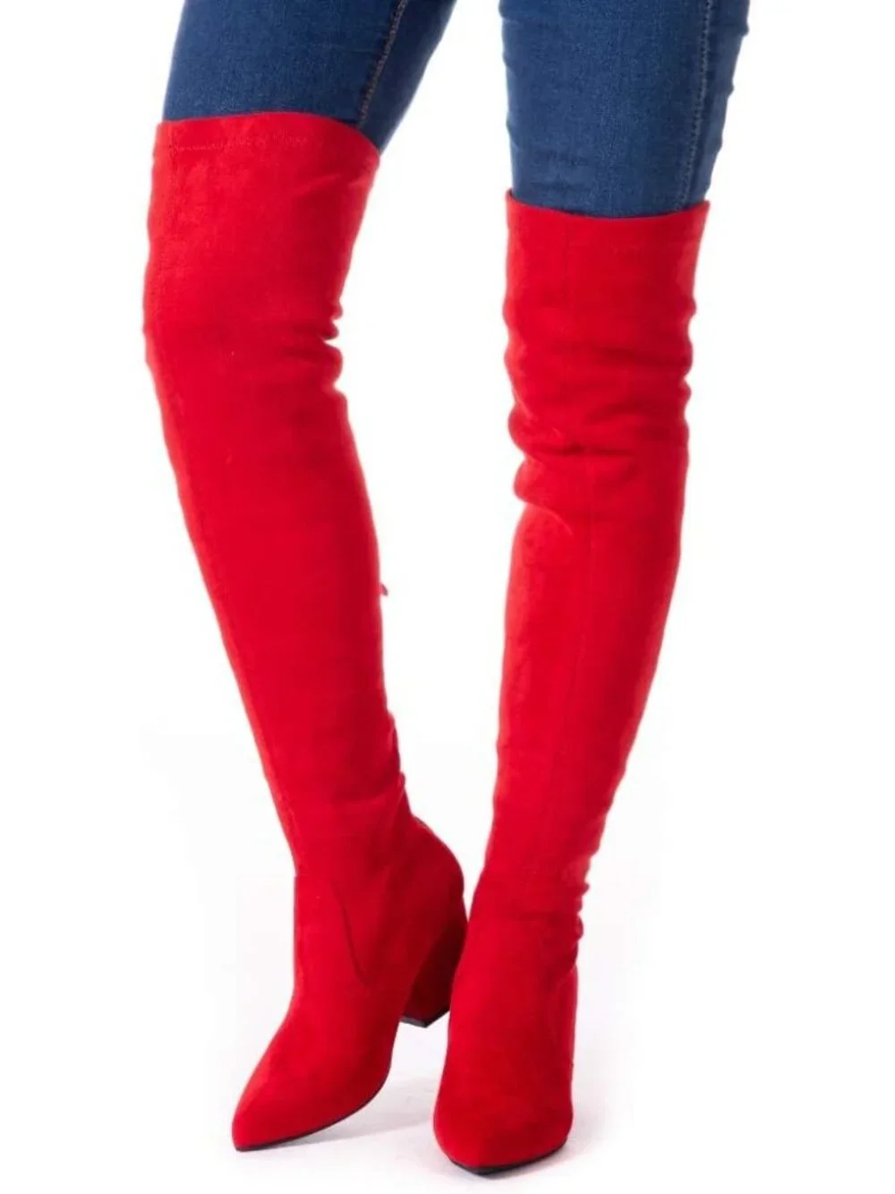 Women's Red Pointed Toe Chunky Block Heel Over The Knee High Boots